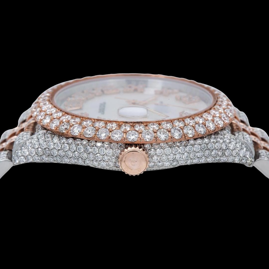 Rolex Datejust White Pearl Roman Diamond Dial Two Tone Rose Gold Jubilee Bracelet Iced Out Moissanite Diamond Watch Crown View