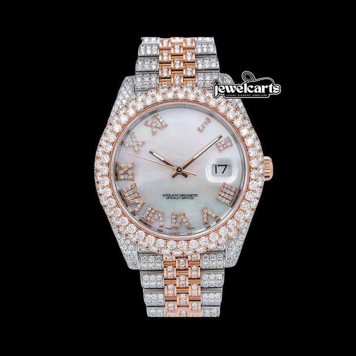Rolex Datejust White Pearl Roman Diamond Dial Two Tone Rose Gold Jubilee Bracelet Iced Out Moissanite Diamond Watch Front View