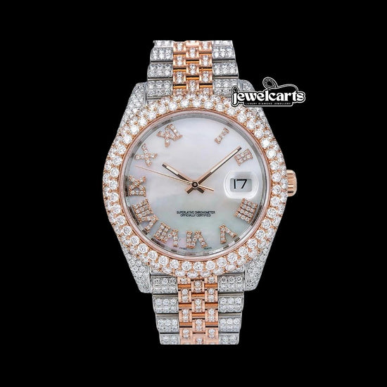 Rolex Datejust White Pearl Roman Diamond Dial Two Tone Rose Gold Jubilee Bracelet Iced Out Moissanite Diamond Watch Front View