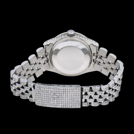Rolex Datejust White Roman Diamond Dial Diamond Bezel Fully Iced Out Jubilee Bracelet Watch Caseback View