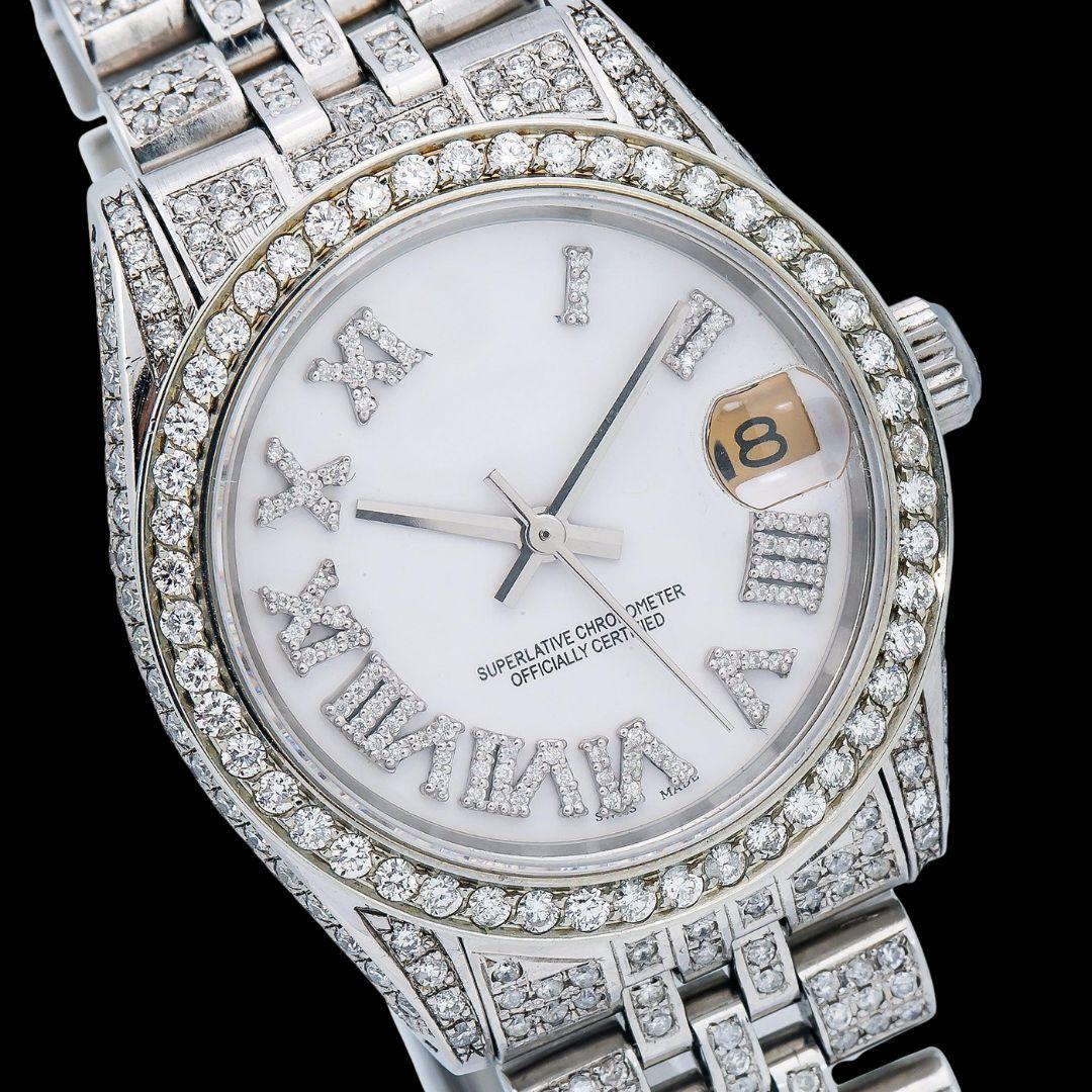 Rolex Datejust White Roman Diamond Dial Diamond Bezel Fully Iced Out Jubilee Bracelet Watch Close Up Dial View