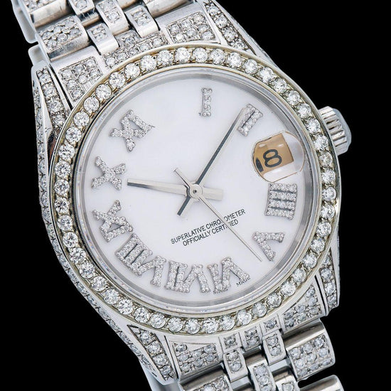 Rolex Datejust White Roman Diamond Dial Diamond Bezel Fully Iced Out Jubilee Bracelet Watch Close Up Dial View