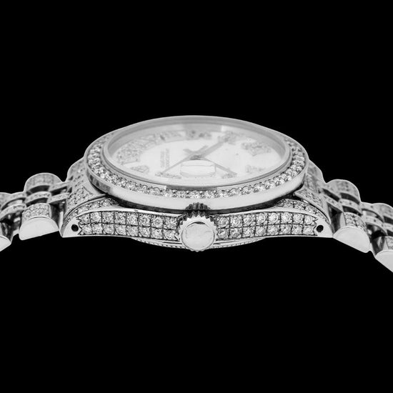 Rolex Datejust White Roman Diamond Dial Diamond Bezel Fully Iced Out Jubilee Bracelet Watch Crown View