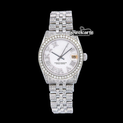 Rolex Datejust White Roman Diamond Dial Diamond Bezel Fully Iced Out Jubilee Bracelet Watch