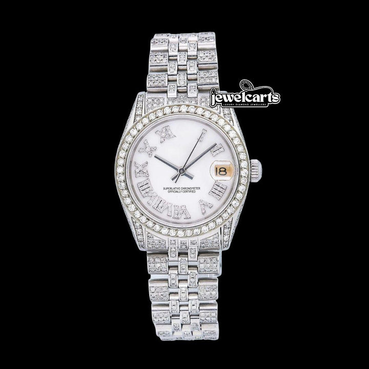 Rolex Datejust White Roman Diamond Dial Diamond Bezel Fully Iced Out Jubilee Bracelet Watch Front View