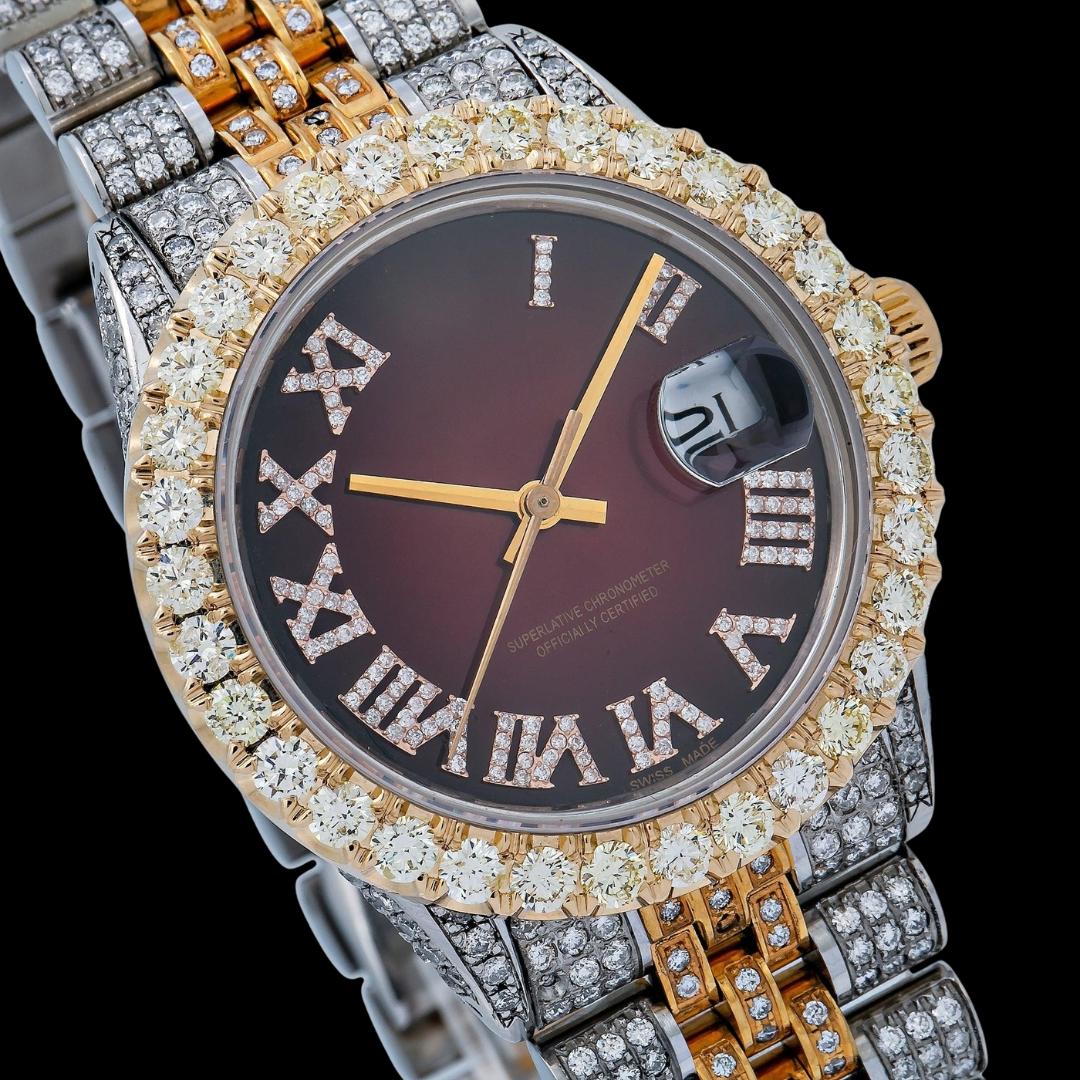 Rolex Datejust Wine Red Roman Dial Two Tone Rose Gold Jubilee Bracelet Moissanite Watch Close Up Dial View