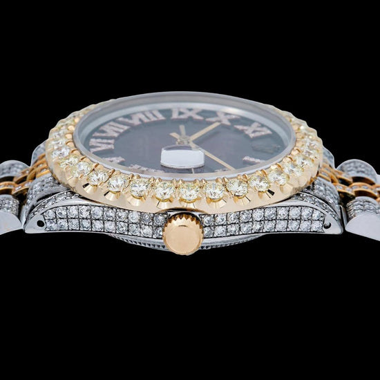 Rolex Datejust Wine Red Roman Dial Two Tone Rose Gold Jubilee Bracelet Moissanite Watch Crown View