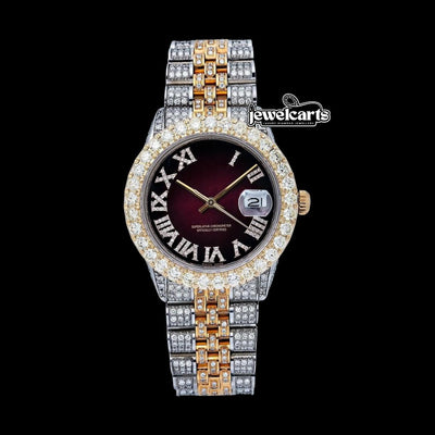 Rolex Datejust Wine Red Roman Dial Two Tone Rose Gold Jubilee Bracelet Moissanite Watch
