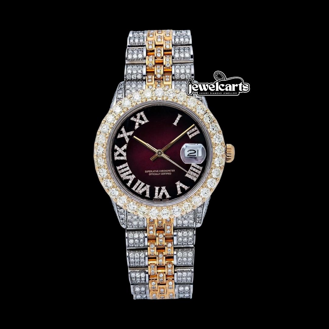 Rolex Datejust Wine Red Roman Dial Two Tone Rose Gold Jubilee Bracelet Moissanite Watch Front View