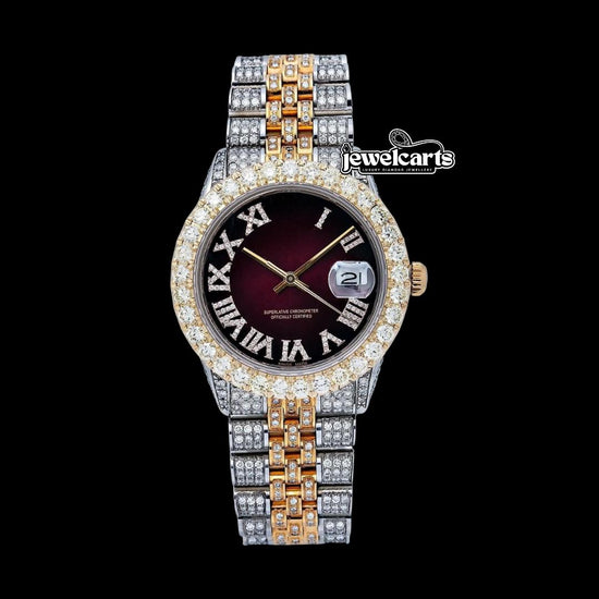 Rolex Datejust Wine Red Roman Dial Two Tone Rose Gold Jubilee Bracelet Moissanite Watch Front View