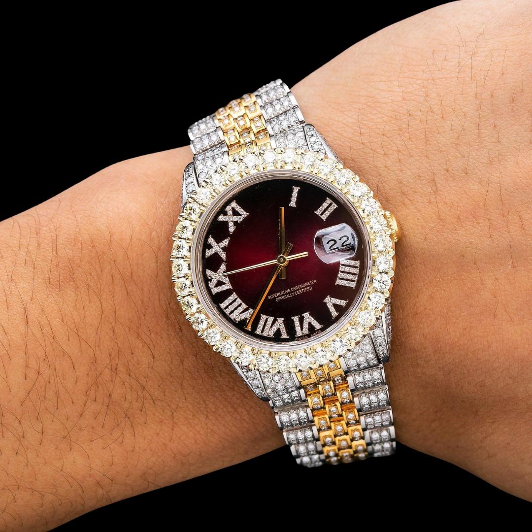 Rolex Datejust Wine Red Roman Dial Two Tone Rose Gold Jubilee Bracelet Moissanite Watch On Wrist View