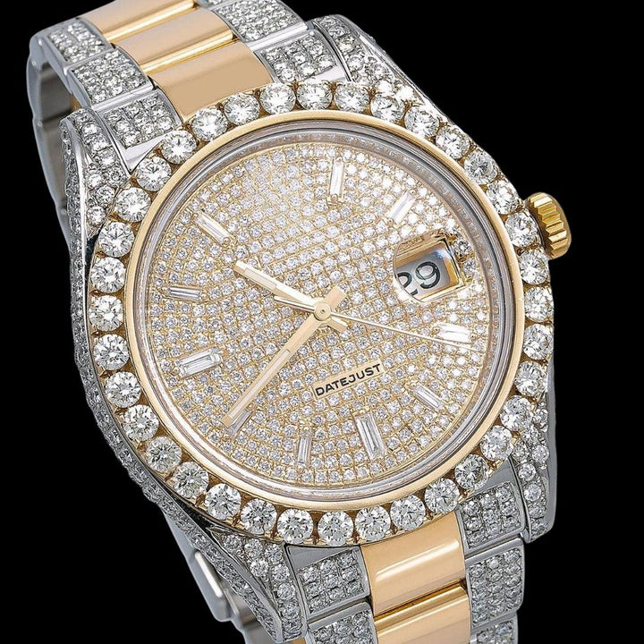 Rolex Datejust Yellow Gold Diamond Paved Dial Baguette Markers Two Tone Iced Out Moissanite Watch Close Up Dial View