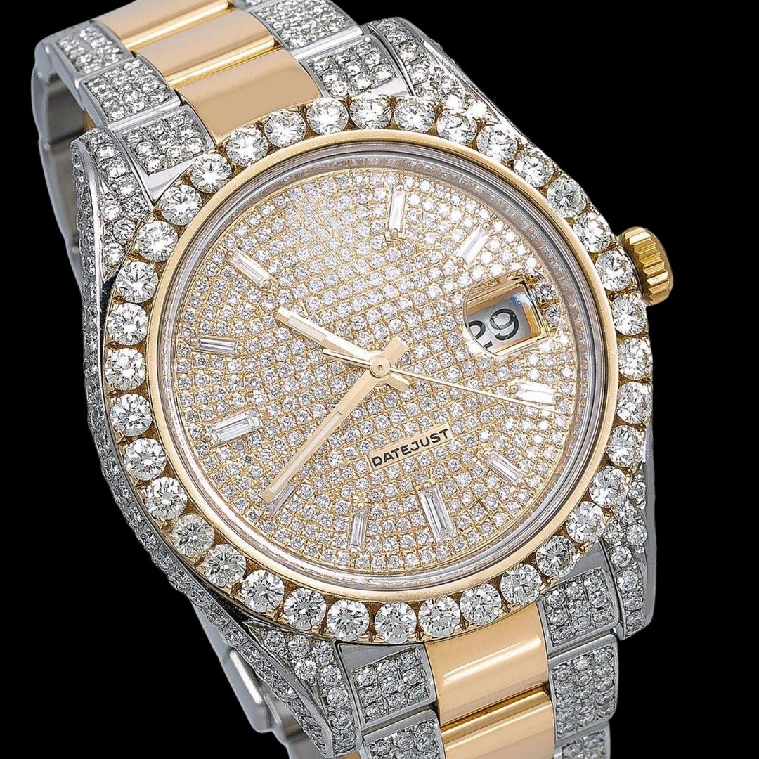 Rolex Datejust Yellow Gold Diamond Paved Dial Baguette Markers Two Tone Iced Out Moissanite Watch Close Up Dial View