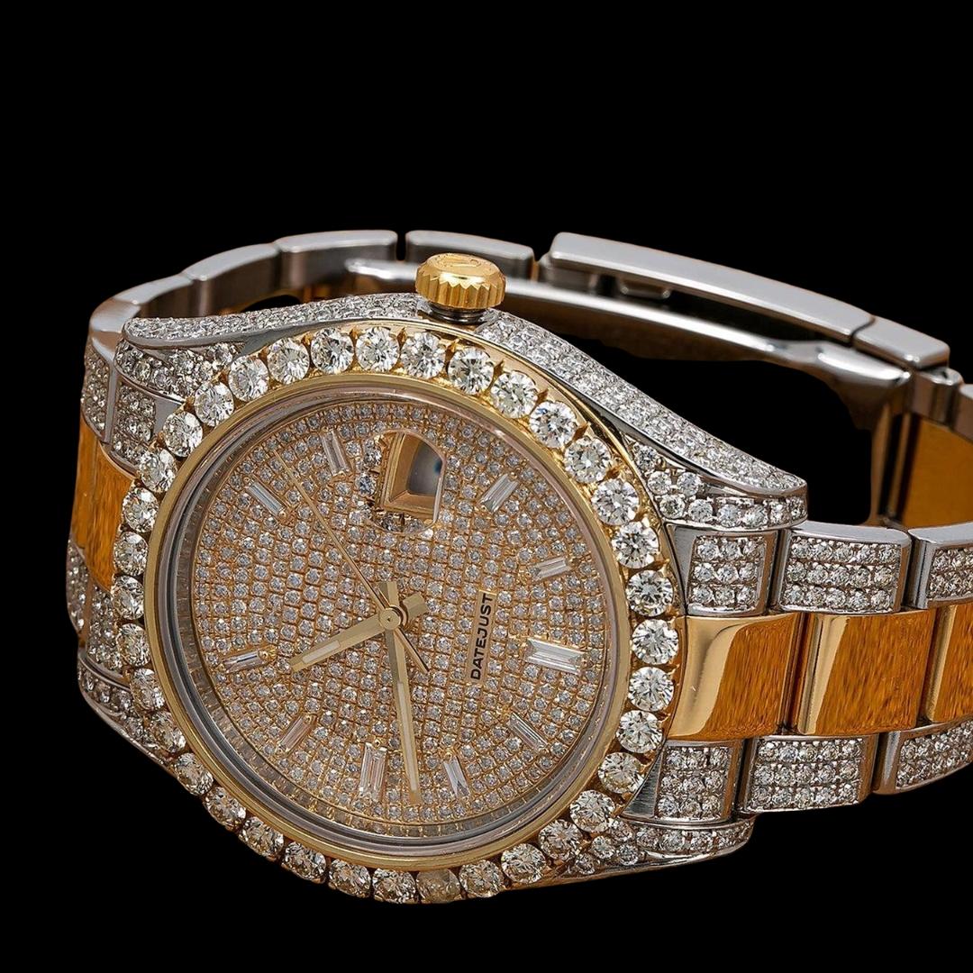 Rolex Datejust Yellow Gold Diamond Paved Dial Baguette Markers Two Tone Iced Out Moissanite Watch Close Up Front View