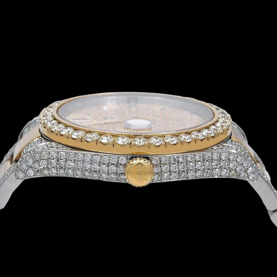 Rolex Datejust Yellow Gold Diamond Paved Dial Baguette Markers Two Tone Iced Out Moissanite Watch Crown View