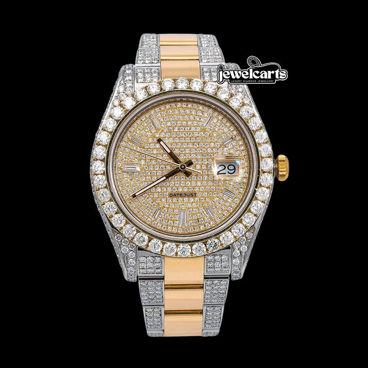 Rolex Datejust Yellow Gold Diamond Paved Dial Baguette Markers Two Tone Iced Out Moissanite Watch Front View