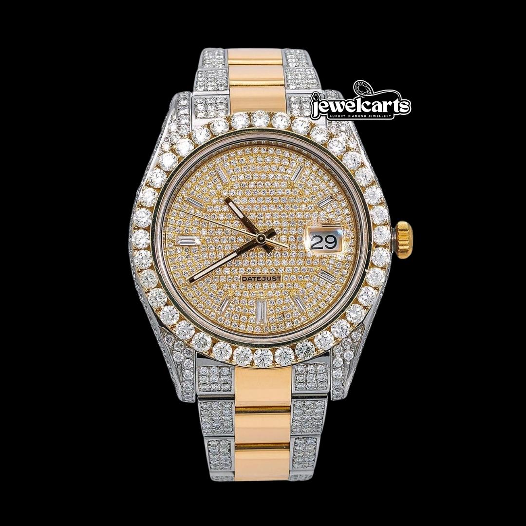 Rolex Datejust Yellow Gold Diamond Paved Dial Baguette Markers Two Tone Iced Out Moissanite Watch Front View