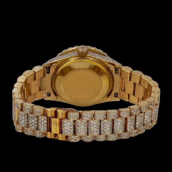 Rolex Datejust Yellow Gold Diamond Paved Dial Pink Arabic Numerals Fully Iced Out President Bracelet Moissanite Watch Caseback View