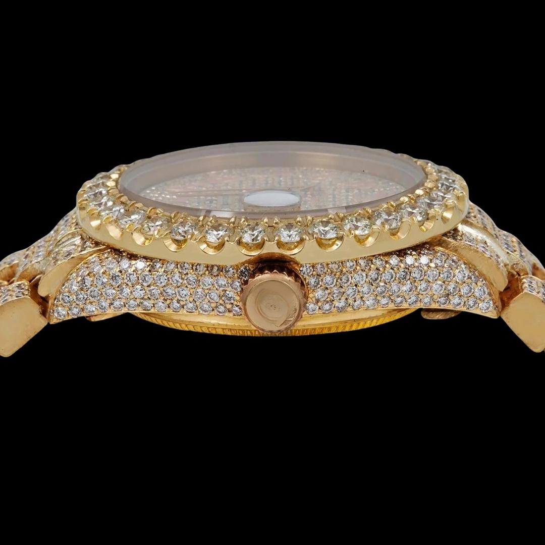 Rolex Datejust Yellow Gold Diamond Paved Dial Pink Arabic Numerals Fully Iced Out President Bracelet Moissanite Watch Crown View