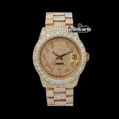 Rolex Datejust Yellow Gold Diamond Paved Dial Pink Arabic Numerals Fully Iced Out President Bracelet Moissanite Watch