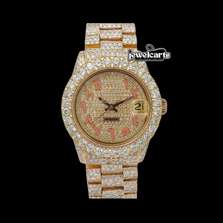 Rolex Datejust Yellow Gold Diamond Paved Dial Pink Arabic Numerals Fully Iced Out President Bracelet Moissanite Watch Front View