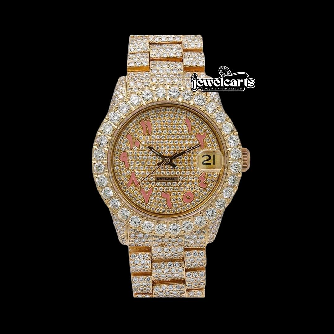 Rolex Datejust Yellow Gold Diamond Paved Dial Pink Arabic Numerals Fully Iced Out President Bracelet Moissanite Watch Front View