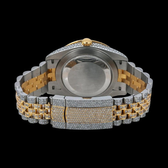 Rolex Datejust Yellow Gold Diamond Paved Rainbow Arabic Dial Two Tone Jubilee Bracelet Iced Out Moissanite Watch Caseback View