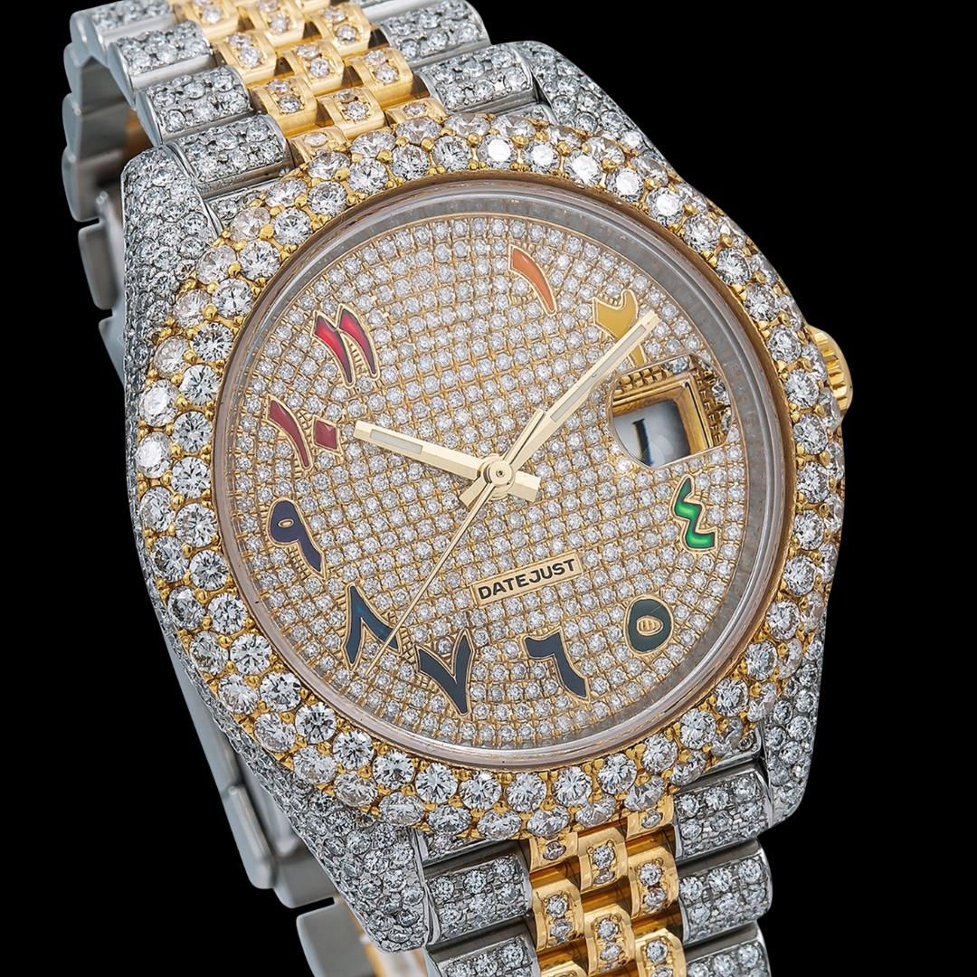 Rolex Datejust Yellow Gold Diamond Paved Rainbow Arabic Dial Two Tone Jubilee Bracelet Iced Out Moissanite Watch Close Up Dial View