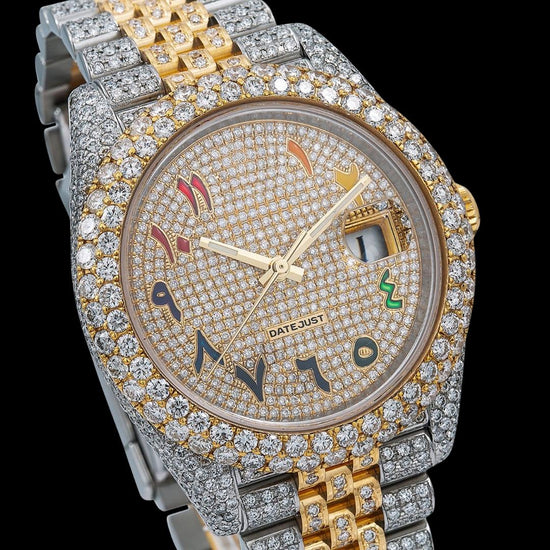 Rolex Datejust Yellow Gold Diamond Paved Rainbow Arabic Dial Two Tone Jubilee Bracelet Iced Out Moissanite Watch Close Up Dial View