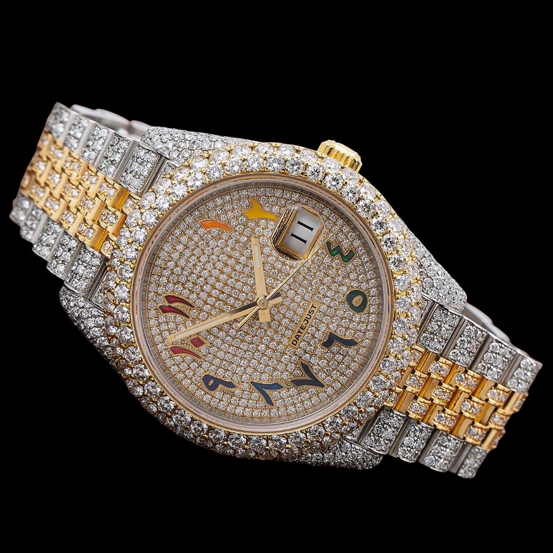 Rolex Datejust Yellow Gold Diamond Paved Rainbow Arabic Dial Two Tone Jubilee Bracelet Iced Out Moissanite Watch Close Up Front View