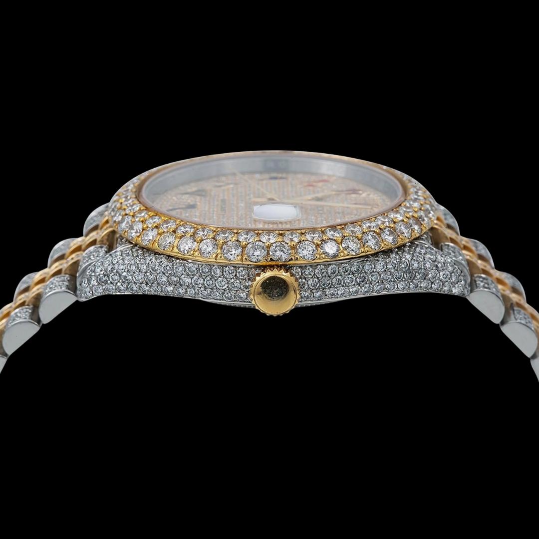 Rolex Datejust Yellow Gold Diamond Paved Rainbow Arabic Dial Two Tone Jubilee Bracelet Iced Out Moissanite Watch Crown View