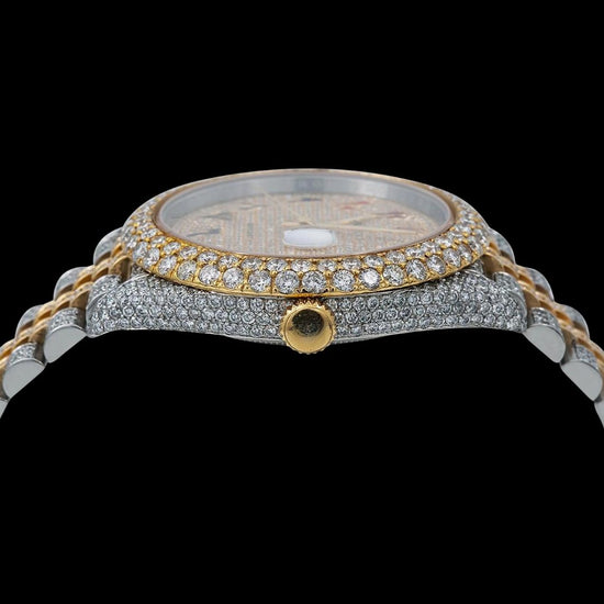 Rolex Datejust Yellow Gold Diamond Paved Rainbow Arabic Dial Two Tone Jubilee Bracelet Iced Out Moissanite Watch Crown View