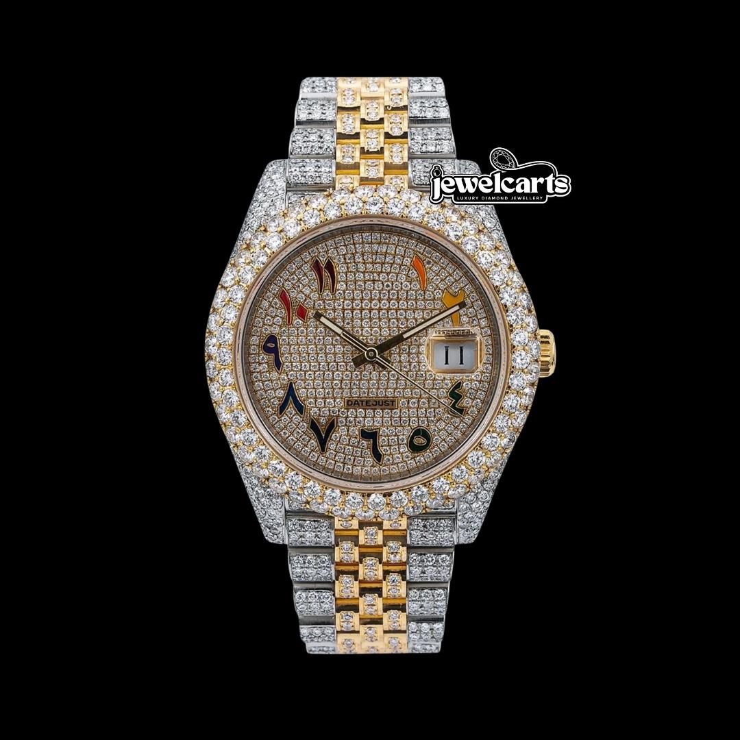 Rolex Datejust Yellow Gold Diamond Paved Rainbow Arabic Dial Two Tone Jubilee Bracelet Iced Out Moissanite Watch Front View