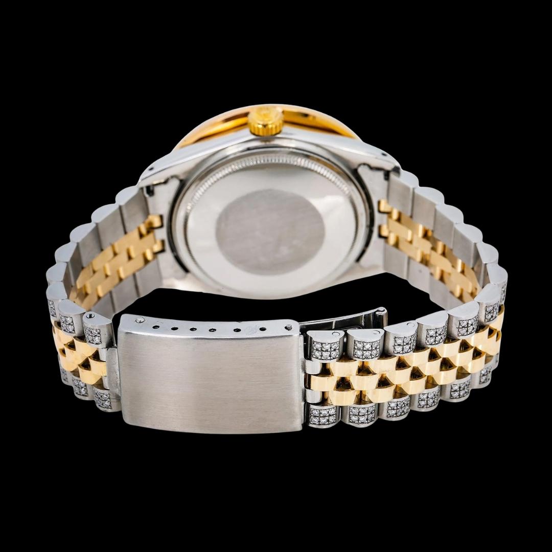 Rolex Datejust Yellow Gold Stick Markers Rainbow Diamond Bezel Two Tone Iced Out Moissanite Watch Caseback View