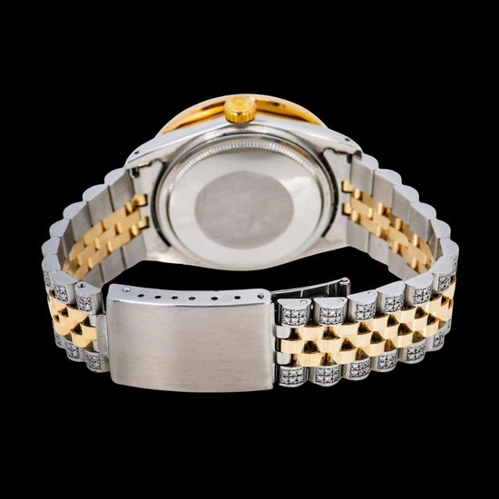 Rolex Datejust Yellow Gold Stick Markers Rainbow Diamond Bezel Two Tone Iced Out Moissanite Watch Caseback View