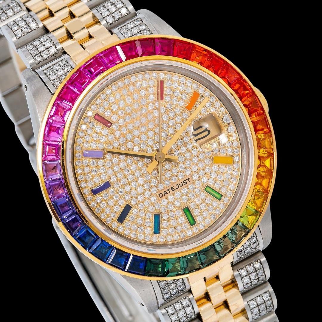 Rolex Datejust Yellow Gold Stick Markers Rainbow Diamond Bezel Two Tone Iced Out Moissanite Watch Close Up Dial View