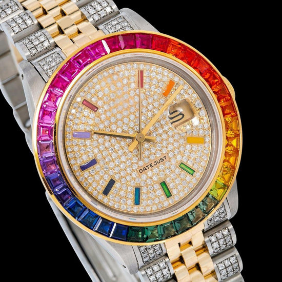 Rolex Datejust Yellow Hold Stick Markers Rainbow Diamond Bezel Two Tone Iced Out Moissanite Watch Close Up Dial View