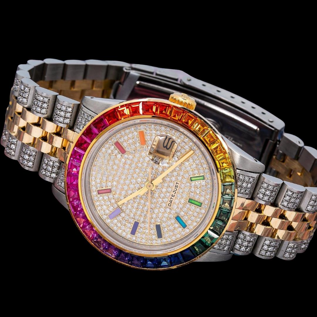 Rolex Datejust Yellow Hold Stick Markers Rainbow Diamond Bezel Two Tone Iced Out Moissanite Watch Close Up Front View