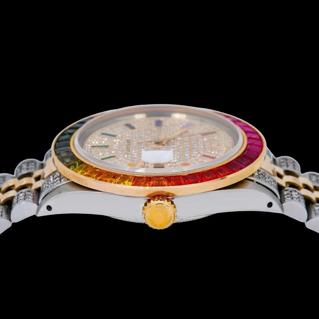 Rolex Datejust Yellow Hold Stick Markers Rainbow Diamond Bezel Two Tone Iced Out Moissanite Watch Crown View