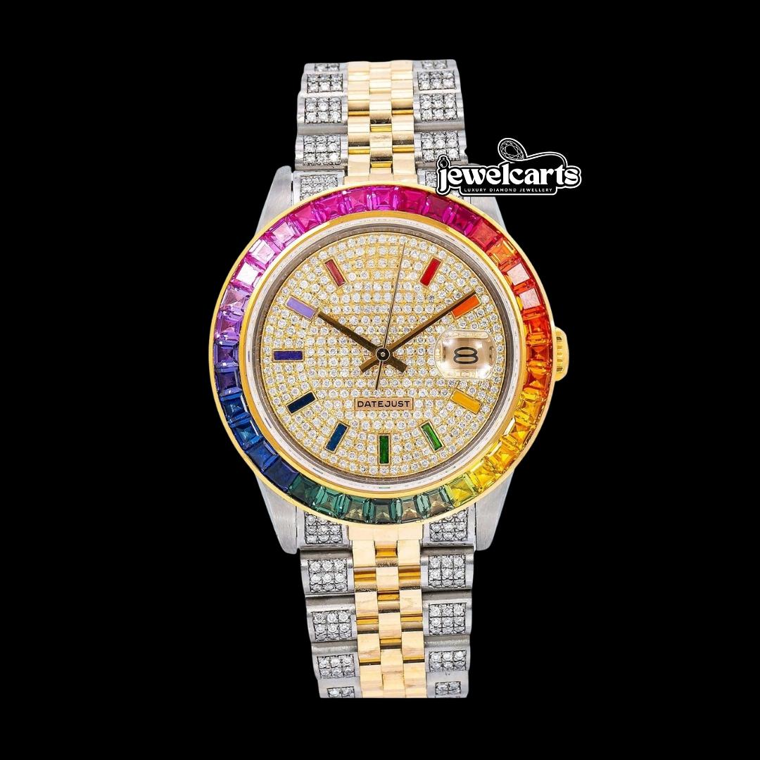 Rolex Datejust Yellow Hold Stick Markers Rainbow Diamond Bezel Two Tone Iced Out Moissanite Watch Front View