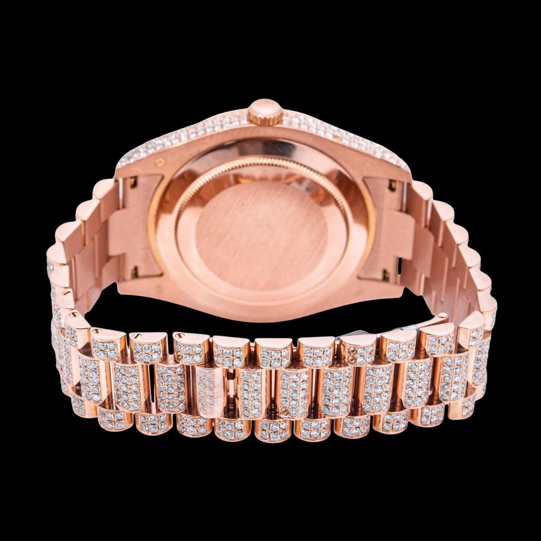 Rolex Day-Date Baguette Markers Dial Baguette Bezel Iced Out Rose Gold President Bracelet Moissanite Watch Caseback View