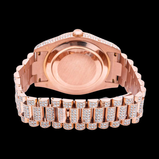 Rolex Day-Date Baguette Markers Dial Baguette Bezel Iced Out Rose Gold President Bracelet Moissanite Watch Caseback View
