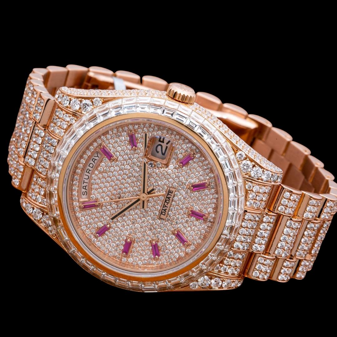 Rolex Day-Date Baguette Markers Dial Baguette Bezel Iced Out Rose Gold President Bracelet Moissanite Watch Close Up Front View