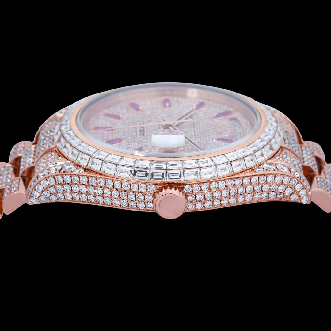 Rolex Day-Date Baguette Markers Dial Baguette Bezel Iced Out Rose Gold President Bracelet Moissanite Watch Crown View