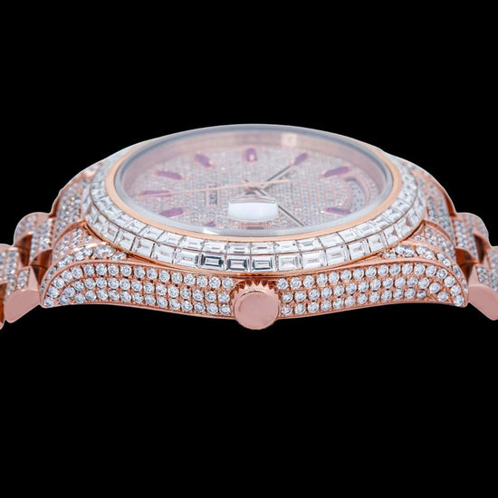 Rolex Day-Date Baguette Markers Dial Baguette Bezel Iced Out Rose Gold President Bracelet Moissanite Watch Crown View