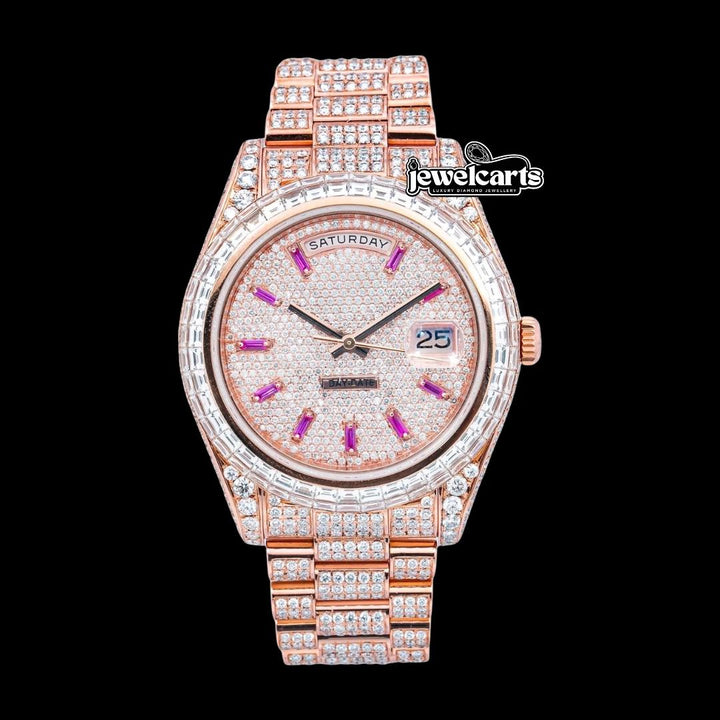 Rolex Day-Date Baguette Markers Dial Baguette Bezel Iced Out Rose Gold President Bracelet Moissanite Watch Front View