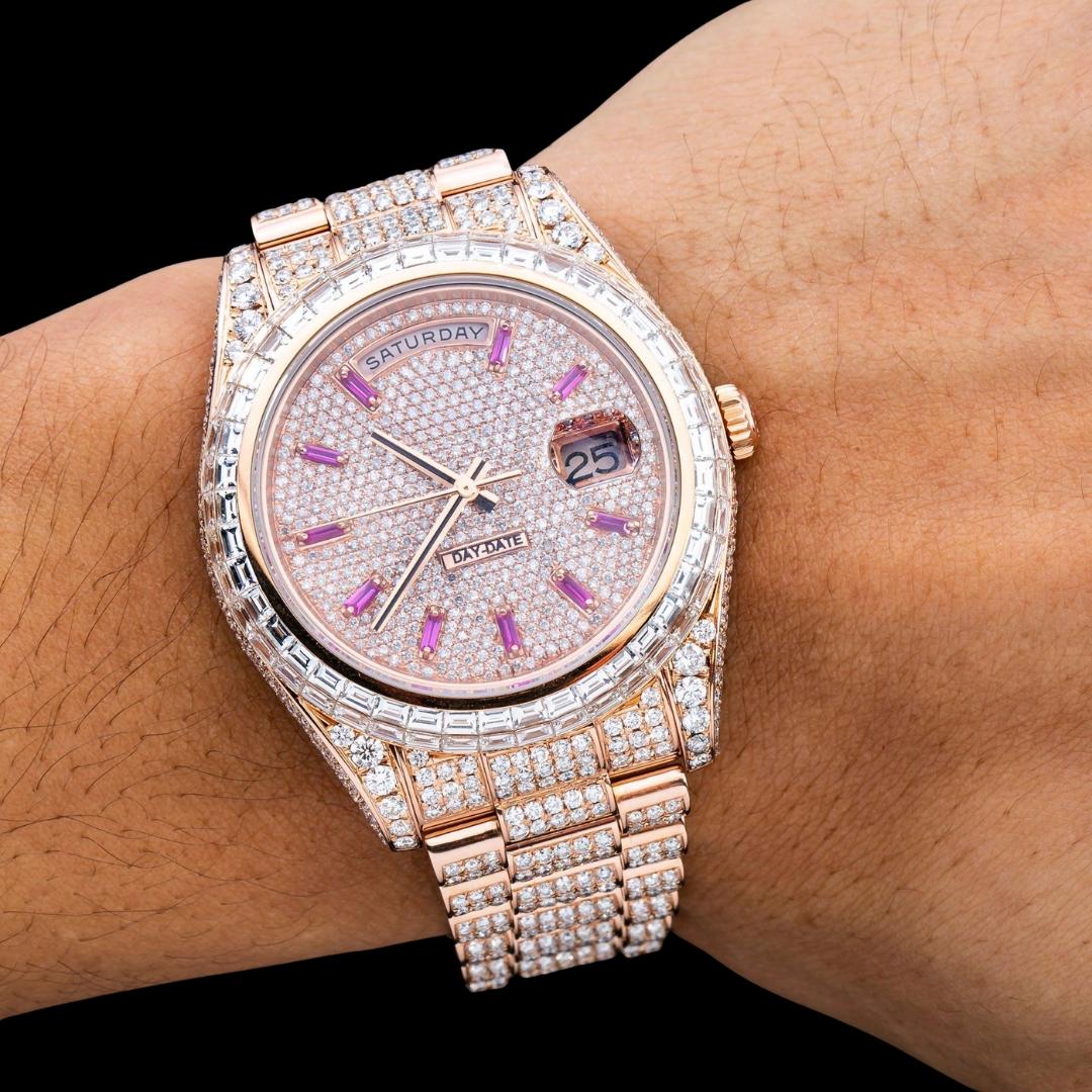 Rolex Day-Date Baguette Markers Dial Baguette Bezel Iced Out Rose Gold President Bracelet Moissanite Watch On Wrist View