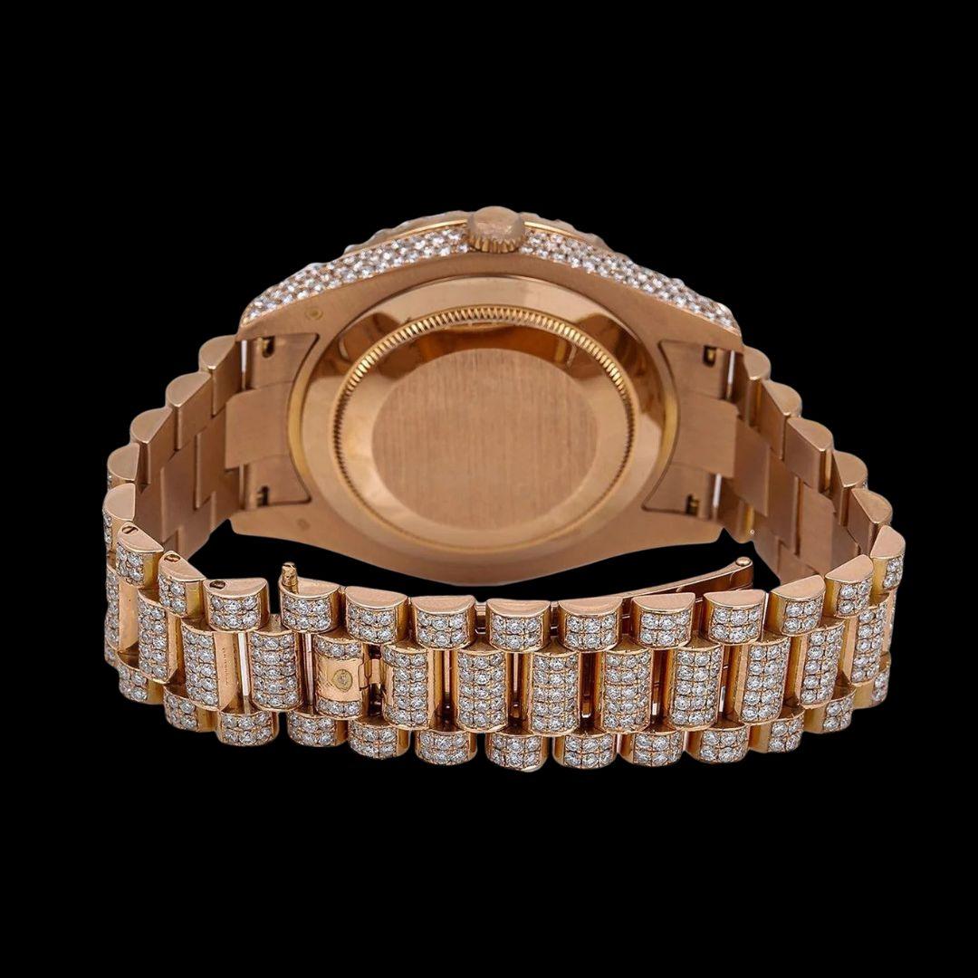 Rolex Day-Date Black Dial Diamond Roman Numerals Fully Iced Out President Bracelet Rose Gold Moissanite Watch Caseback View