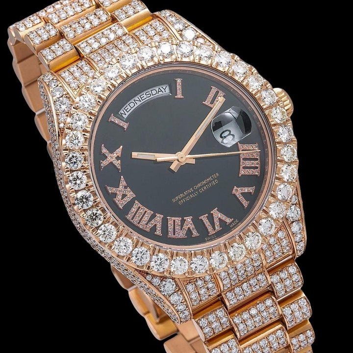 Rolex Day-Date Black Dial Diamond Roman Numerals Fully Iced Out President Bracelet Rose Gold Moissanite Watch Close Up Dial View