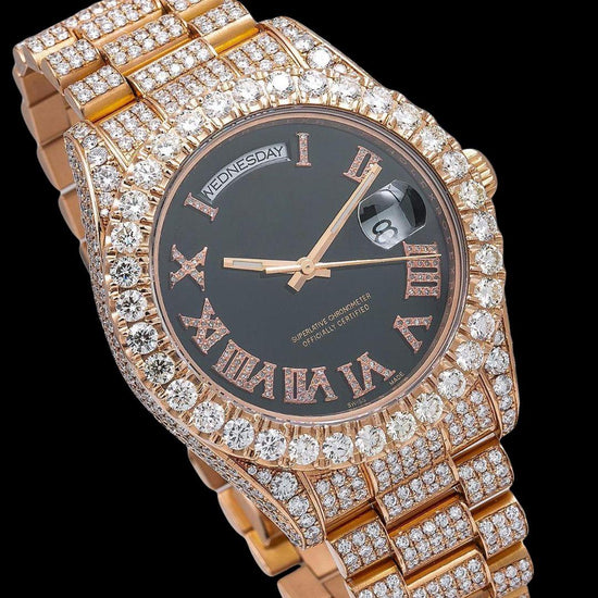 Rolex Day-Date Black Dial Diamond Roman Numerals Fully Iced Out President Bracelet Rose Gold Moissanite Watch Close Up Dial View